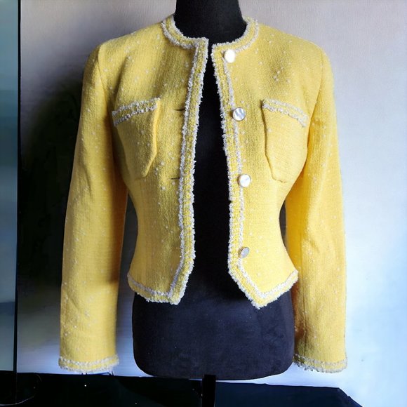 Vintage Y2K CARLISLE Yellow Wool Blend Boucle Tweed Jacket Size 0 - Picture 2 of 9